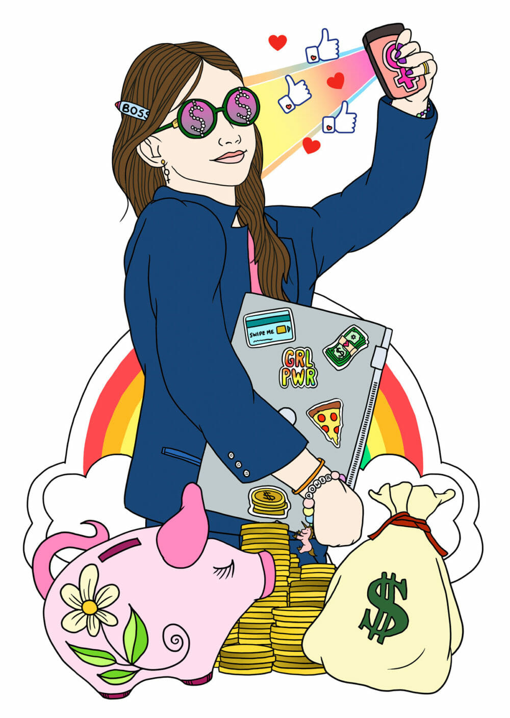 A teenage girl takes a selfie surrounded by "Girl Boss" swag.