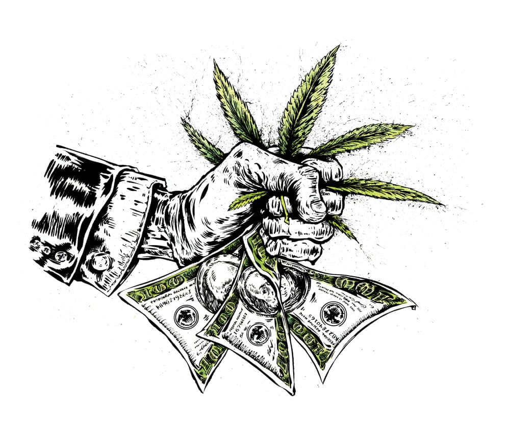 A businessman's clenched fist squeezes hundred dollar bills and a marijuana leaf.