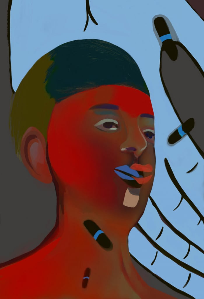 Pills tumble from an open blue hand down the throat of a figure painted red.