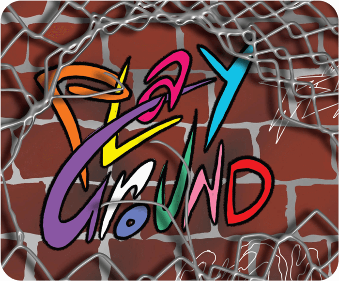 A brick wall with the words “Playground” in graffiti script.