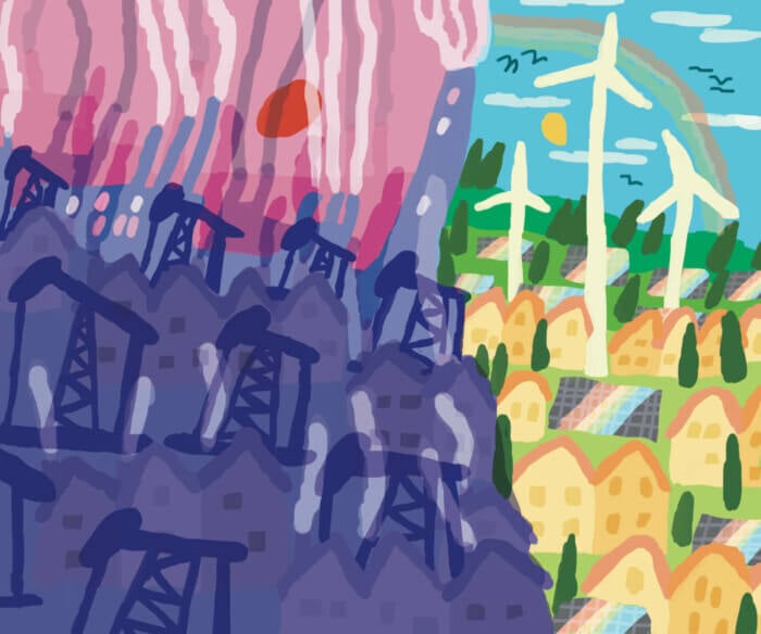 An illustration of green energy production is juxtaposed with the fossil fuel industry. Half of the image features a sun, birds, rainbows, tress, and houses, while the other half depicts a red sun distorted by pollution fumes and looks dark and menacing.