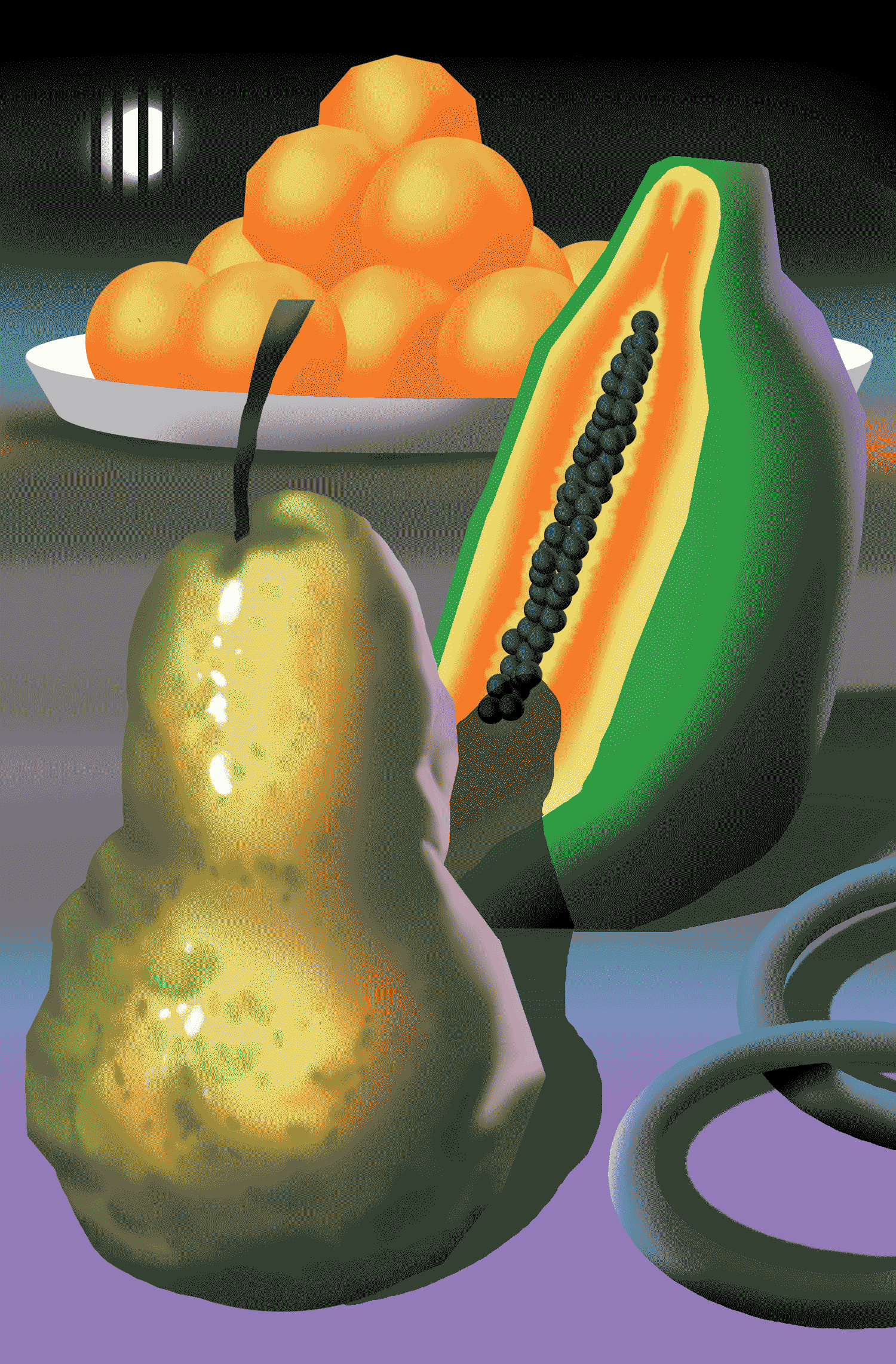 A crude, almost 1990s style digital art illustration of a still life includes oranges stacked on a plate in the background. In the foreground sits a bisection of a papaya, a lumpy pear, and two large metal-looking loops that are cut off by the frame.