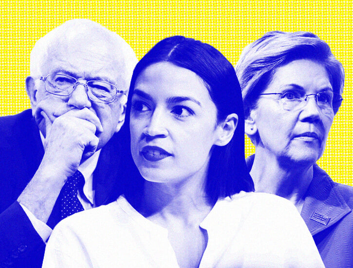 Portraits of, from left to right, Bernie Sanders, Alexandria Ocasio-Cortex, and Elizabeth Warren