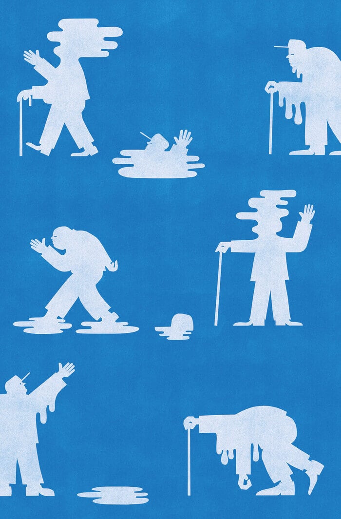 Drippy and melty silhouettes of elderly people in active poses are set against a blue background.