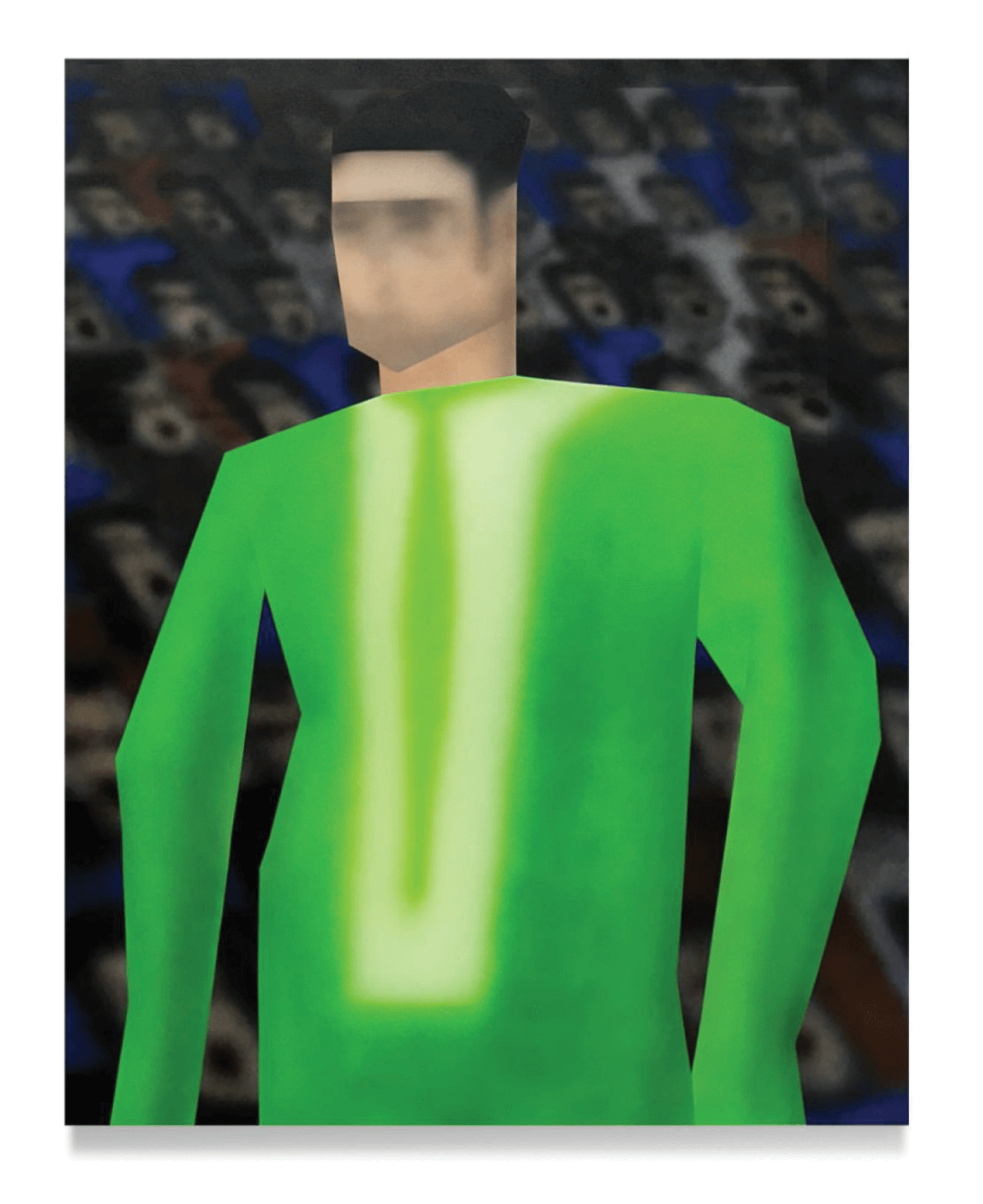 An acrylic painting of a man in a neon green longsleeve, standing in front of a tiered stadium crowd. The faces are blurred, and the figures resemble rough, early 3-D video game animations.