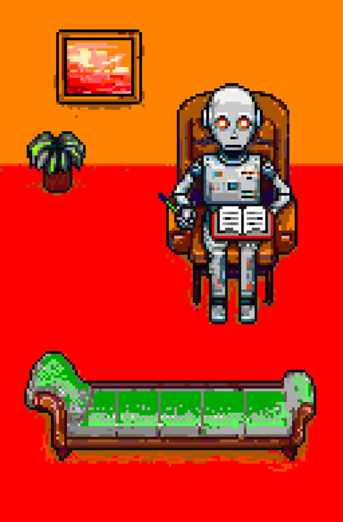 A pixelated illustration depicts a robot sitting in a brown armchair, with pen and journal, looking at an empty green chaise lounge chair. There is a planted pot on the ground, and a painting hanging on the wall behind it.