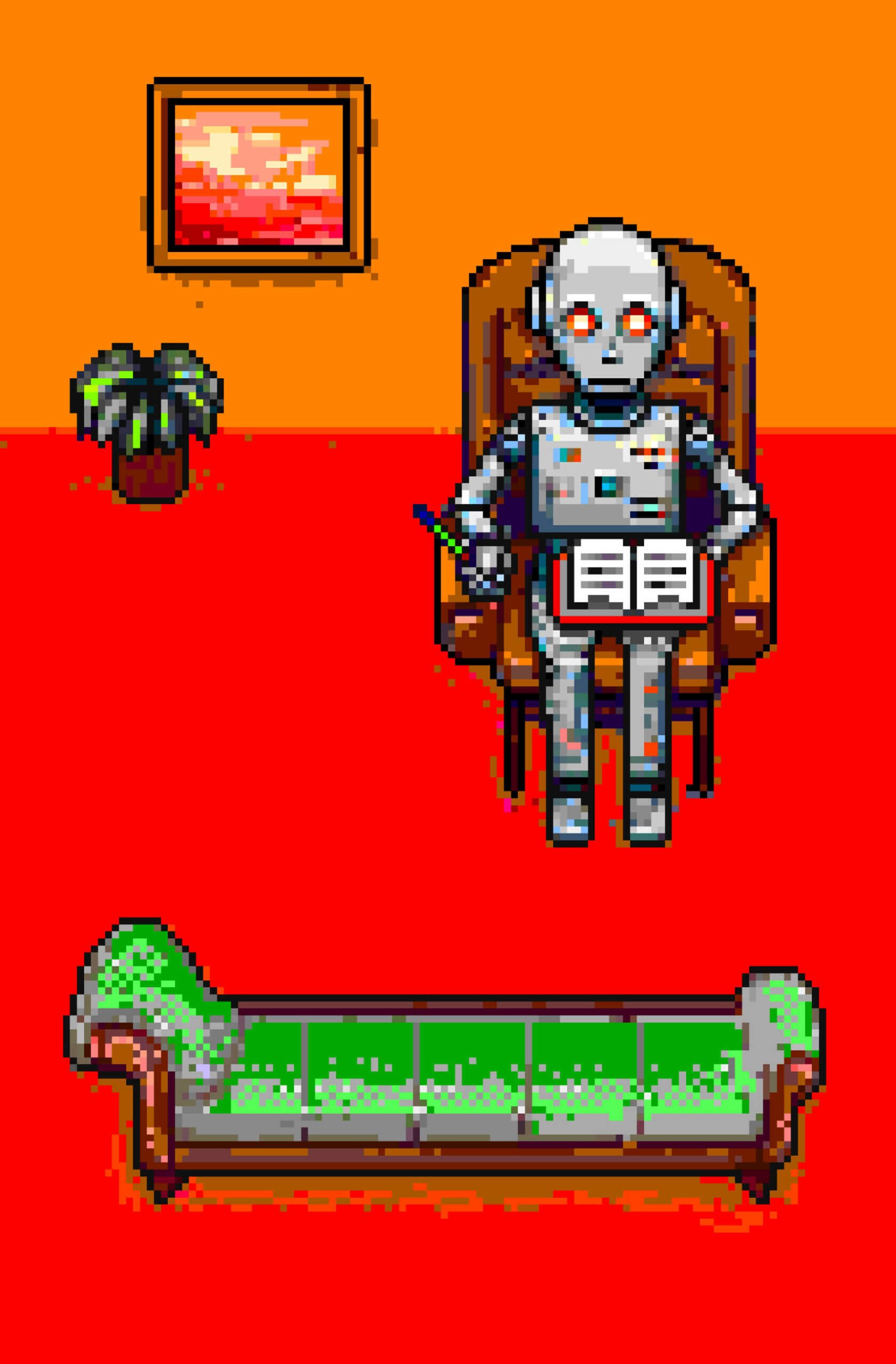 A pixelated illustration depicts a robot sitting in a brown armchair, with pen and journal, looking at an empty green chaise lounge chair. There is a planted pot on the ground, and a painting hanging on the wall behind it.