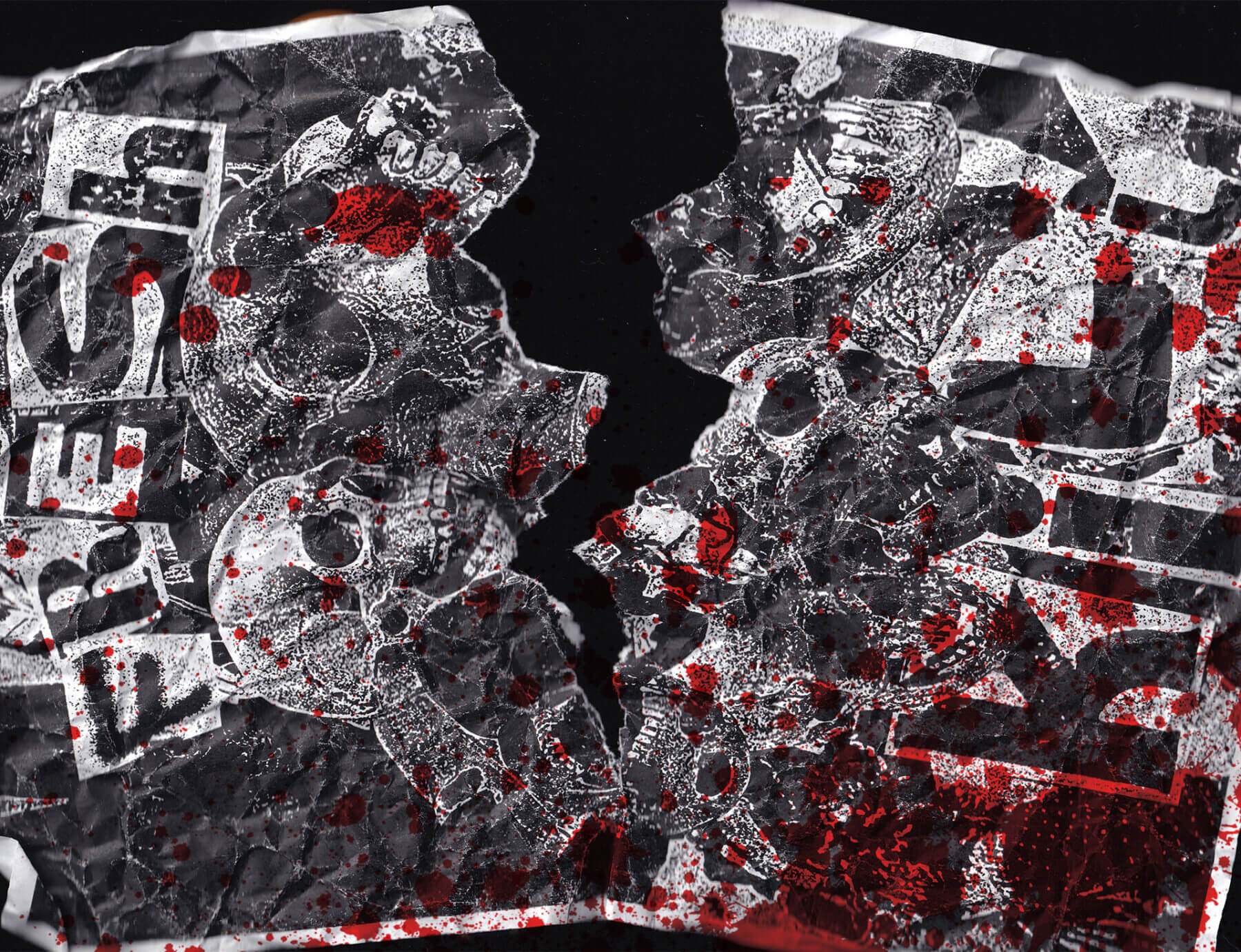 A band flier covered in skulls is torn in half and splattered with blood.